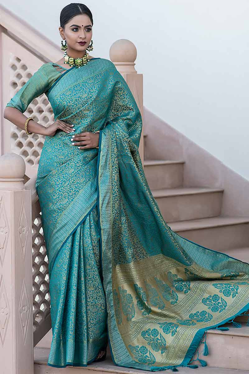 Bride Sarees | Gold and Blue floral silk saree combo ✨ Follow @bride_sarees  for latest and unique bridal saree collections Mua @makeupbyshravyashett...  | Instagram