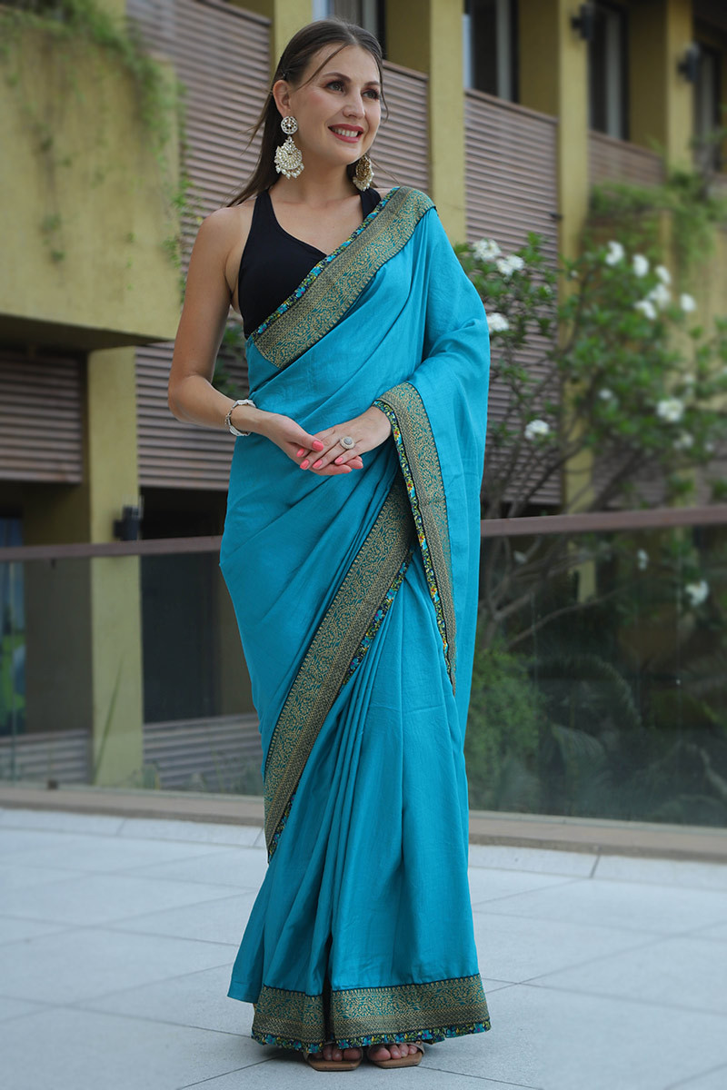 Sky Blue Bottle Green Plain Border Premium Polycotton CotFeel Saree for  Receptionist Uniform Sarees at Rs 650 | Uniform Sarees in Bengaluru | ID:  22735419091