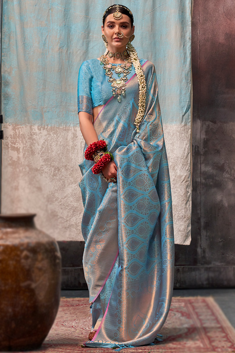 Blue wedding silk saree on sale