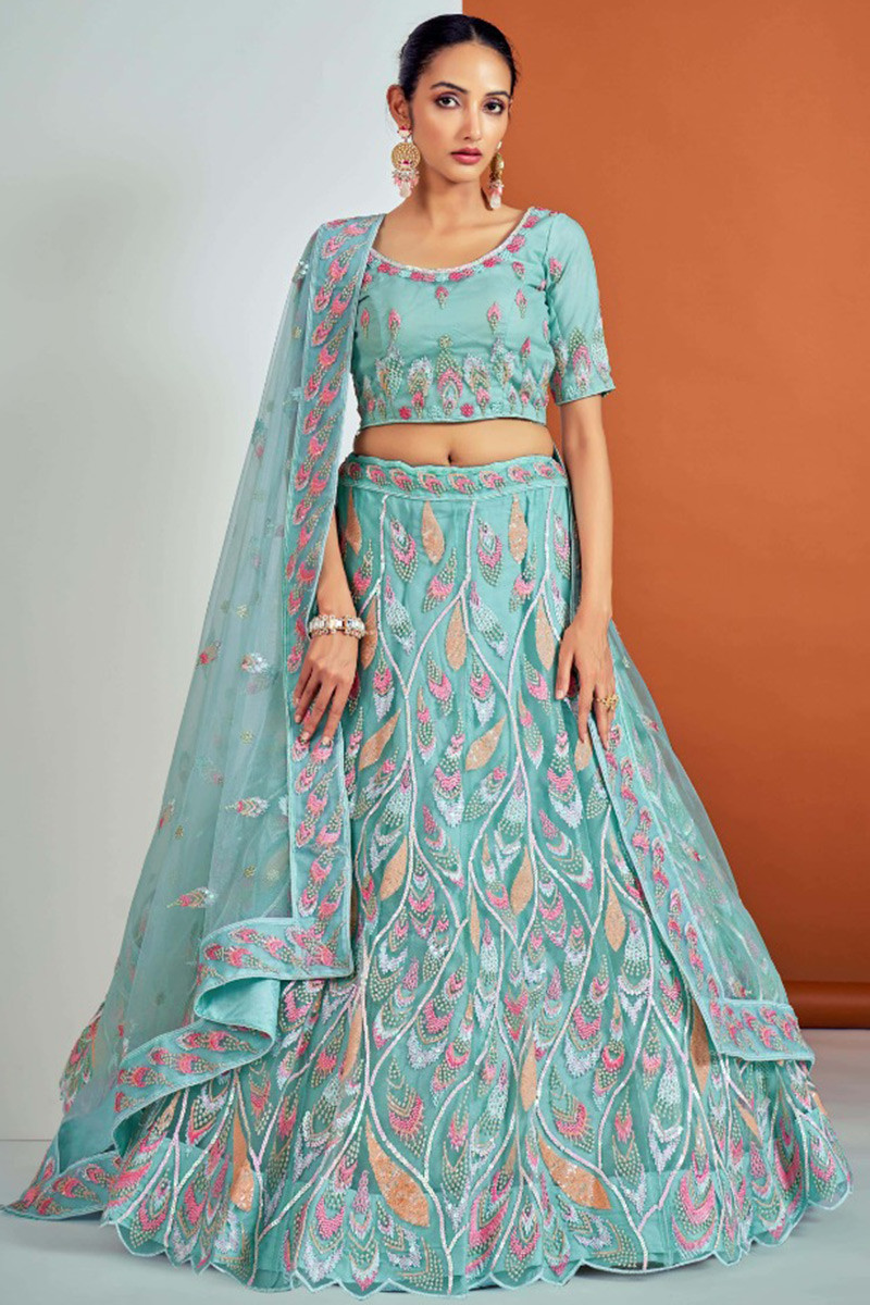 Sky Blue Wedding Wear Embroidered Net Lehenga LLCV115988