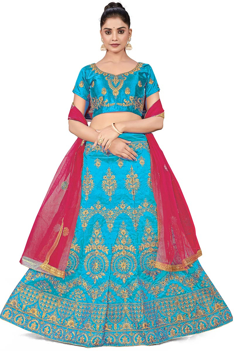 Sky Blue Zari Embroidered Silk Lehenga For Sangeet 
