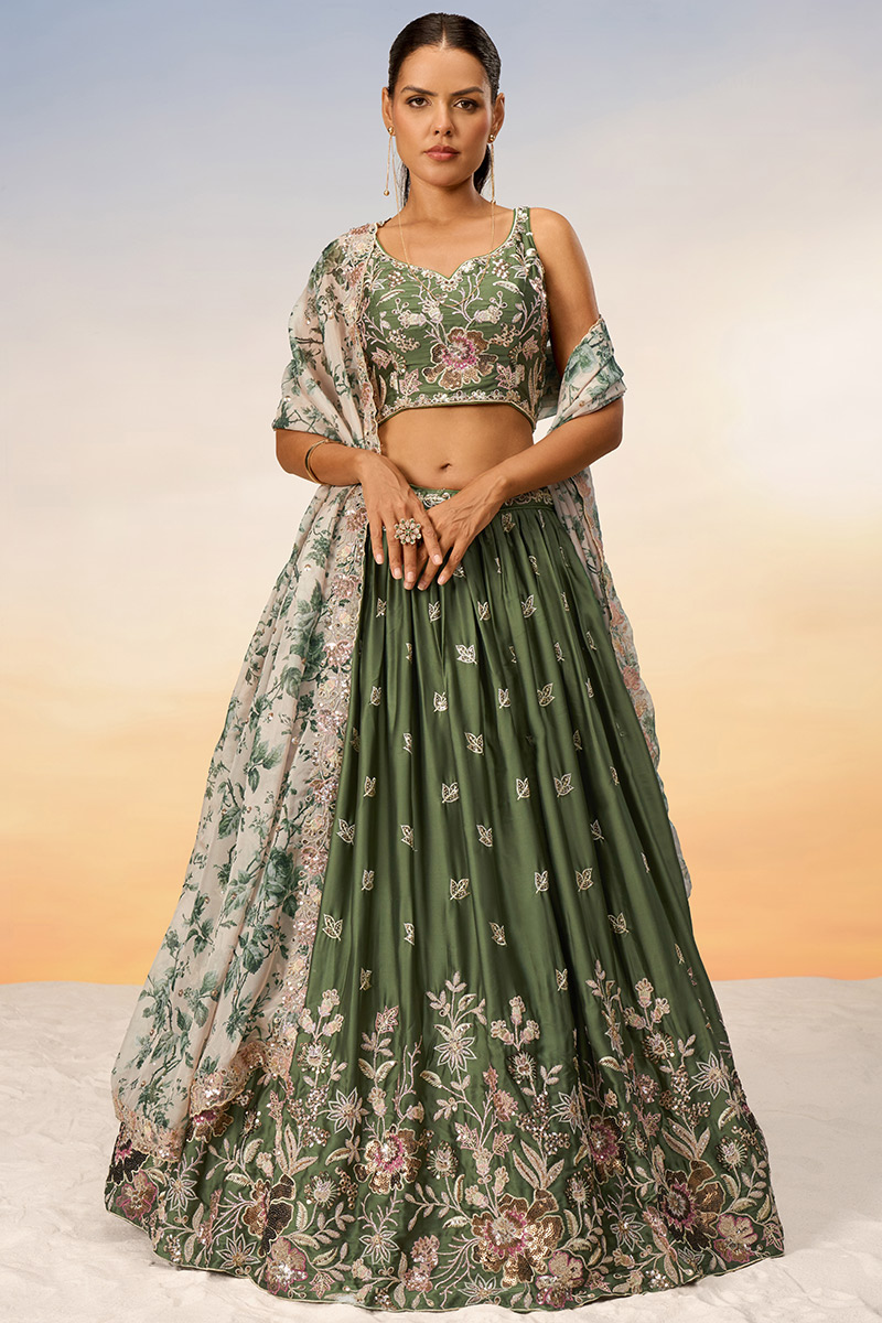 Soft Silk Dori Embroidered Army Green Flared Style Lehenga