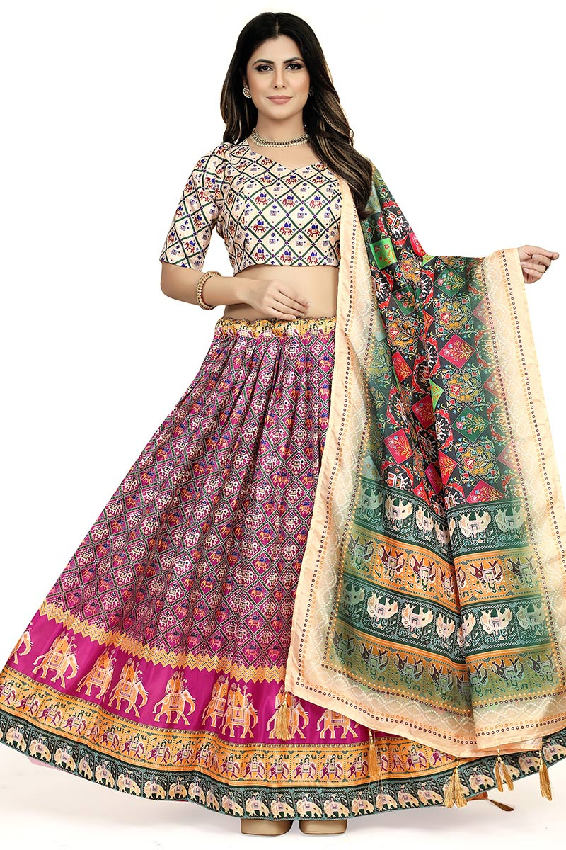 Soft Silk Magenta Pink Flared Style Printed Lehenga