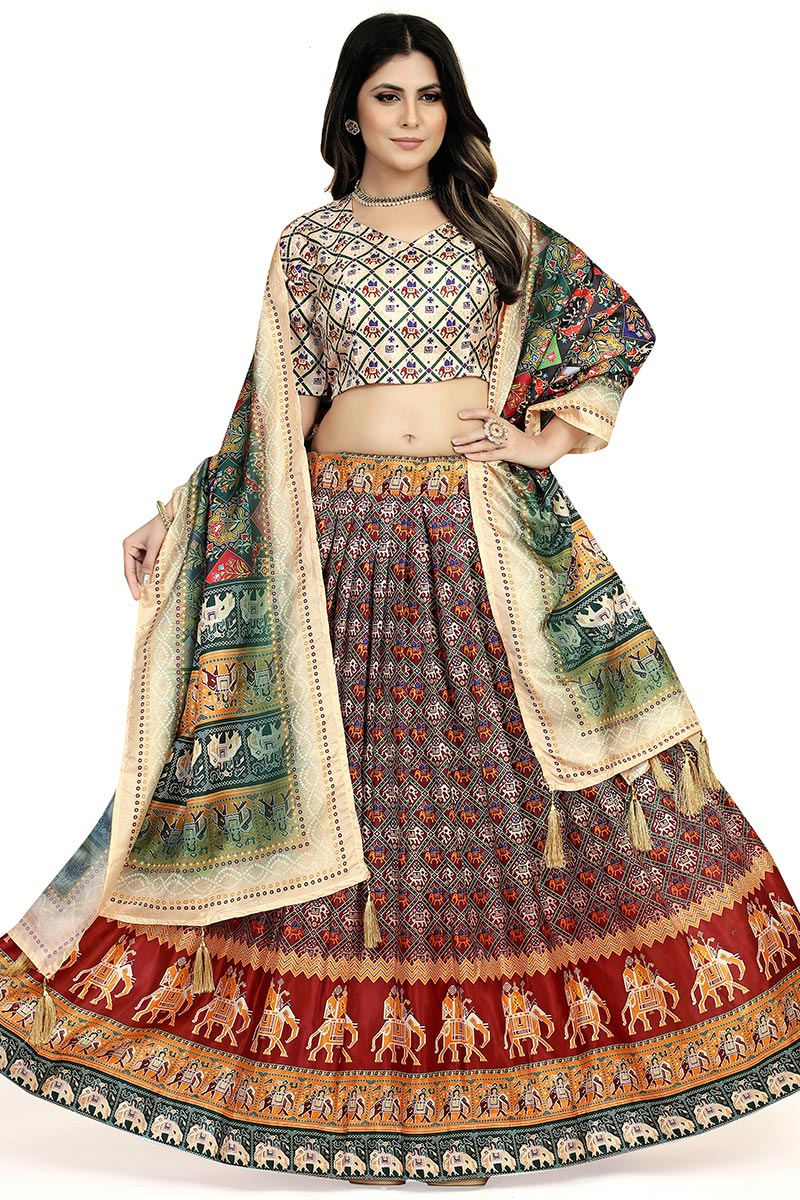 Soft Silk Maroon Flared Style Printed Lehenga