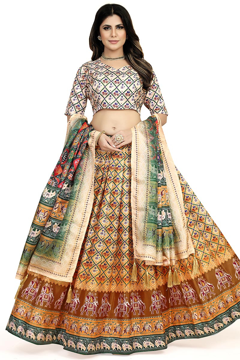 Soft Silk Mustard Yellow Flared Style Printed Lehenga