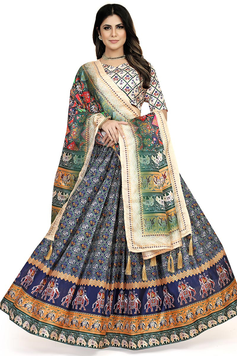 Soft Silk Navy Blue Flared Style Printed Lehenga