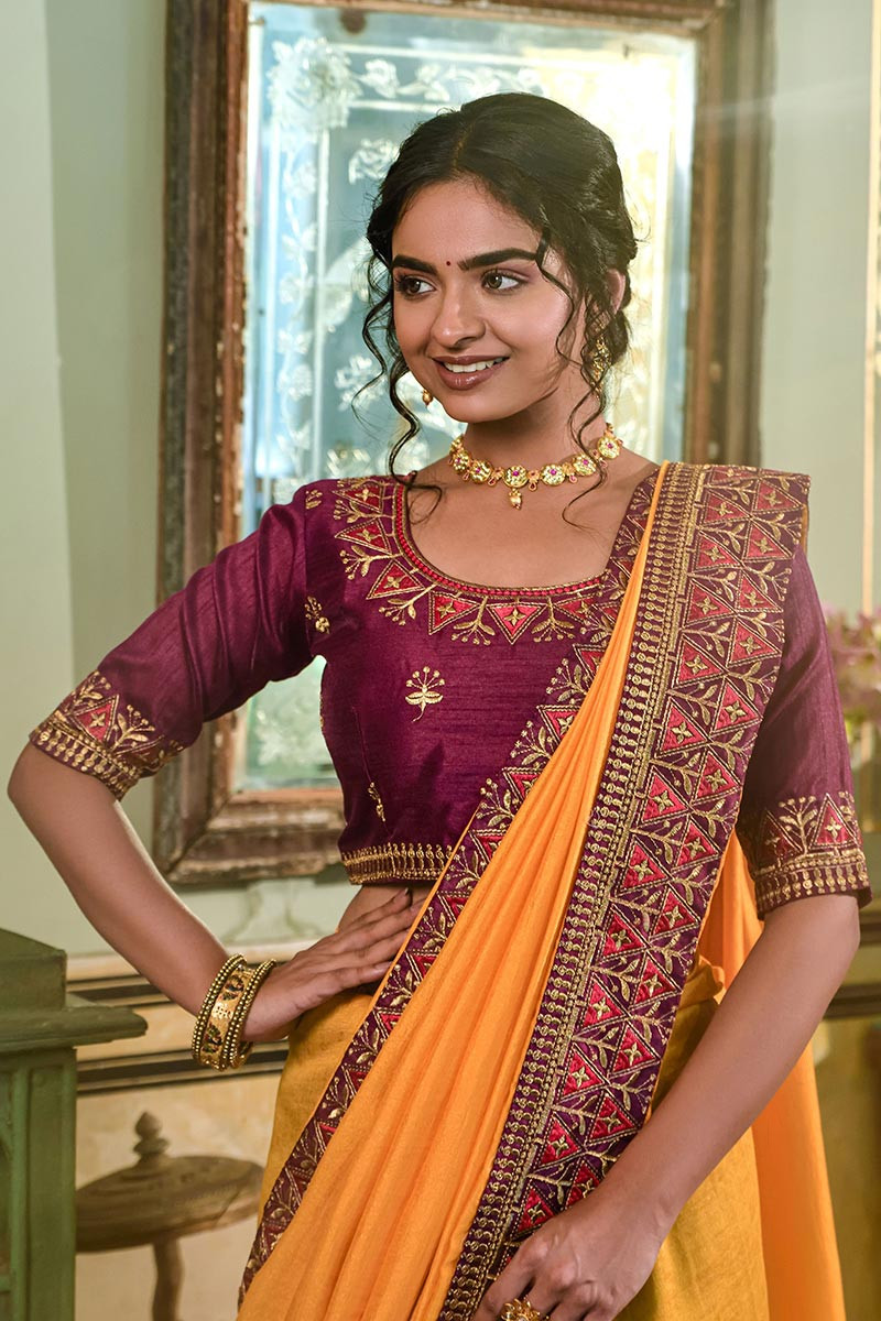Soft Silk Orange Saree With Embroidered Lace Border