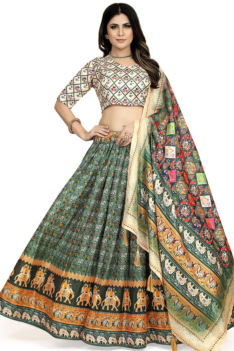 Soft Silk Peacock Green Flared Style Printed Lehenga