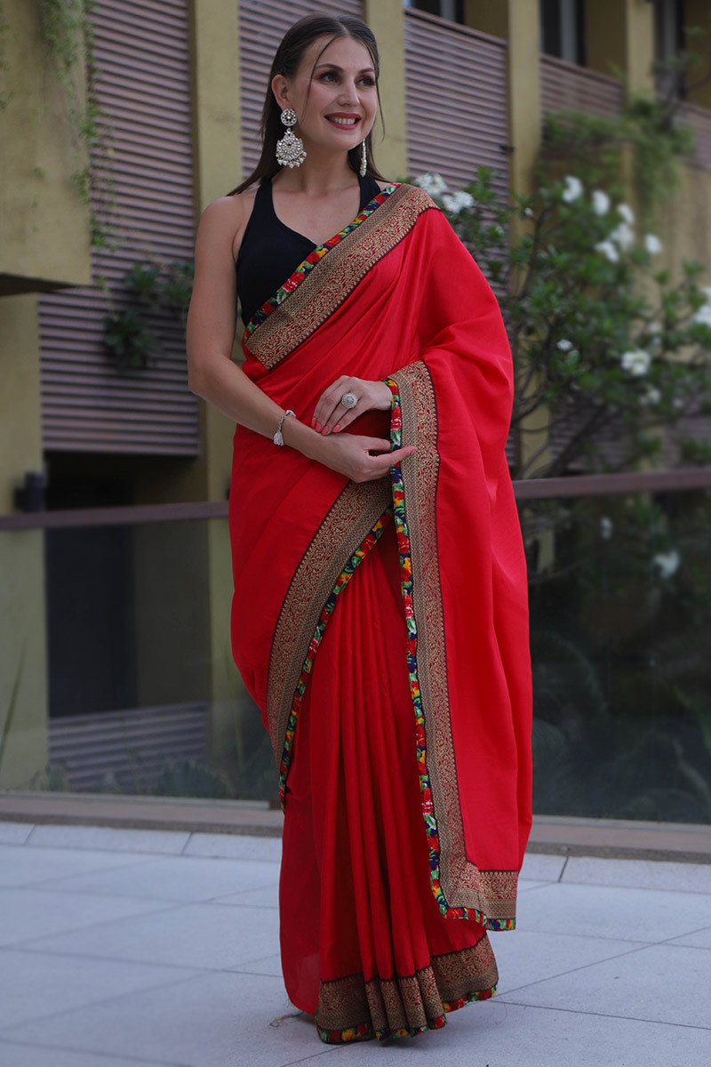 Soft Silk Red Saree With Lace Border