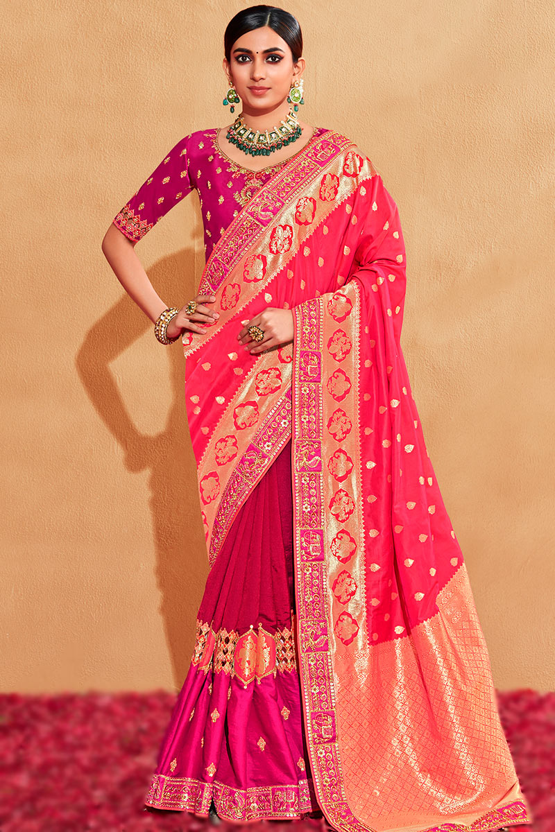 Soft Silk Ruby Red Half and Half Saree