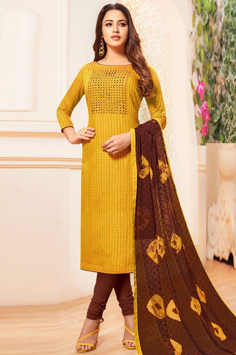 Buy Yellow colour embroidery cotton unstitched Straight churidar cotton-salwar-kameez  at