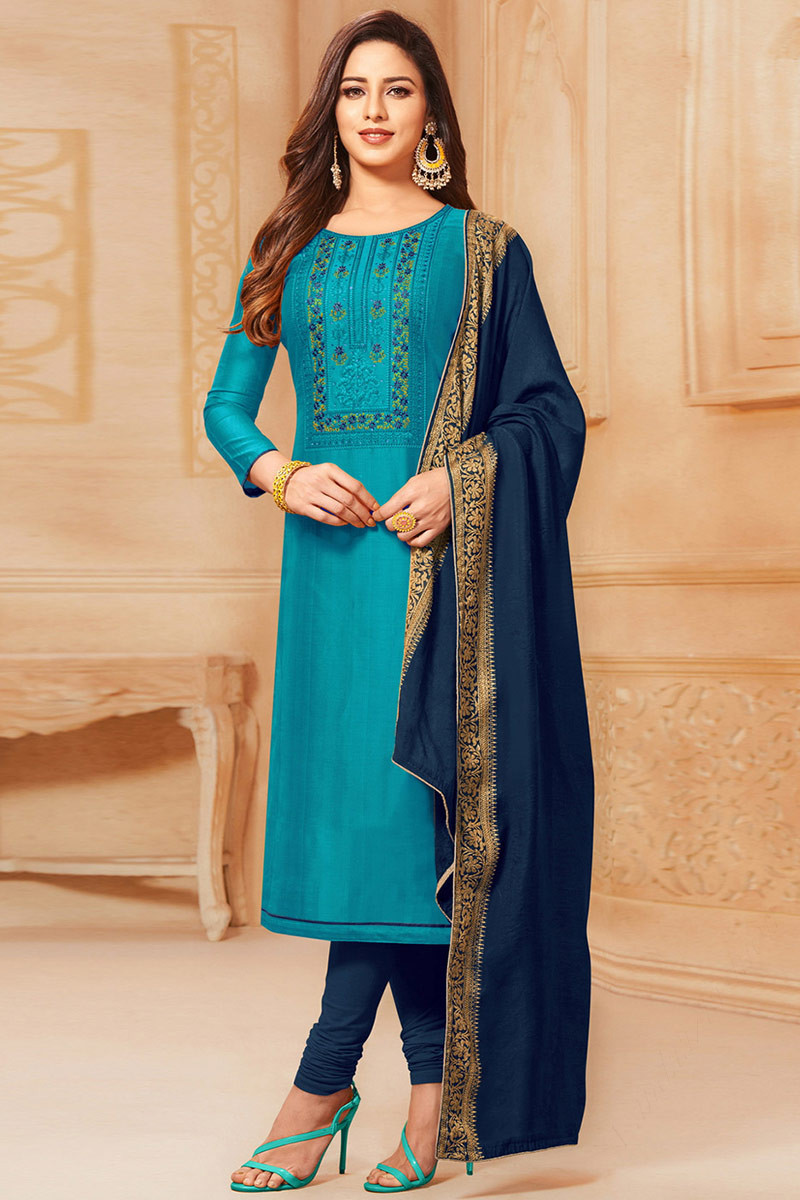 Light Blue Chanderi Silk Embroidered Salwar Suit Material – Rajnandini  Fashion