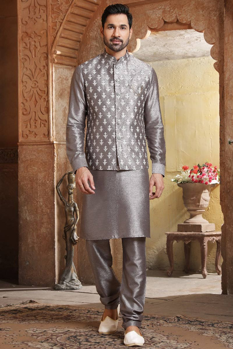Grey kurta pajama new arrivals with jacket