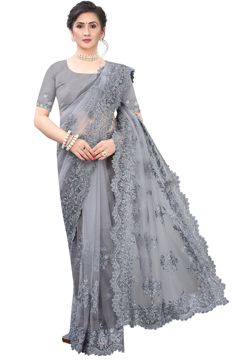 Steel Grey Sangeet Stone Embroidered Saree in Net