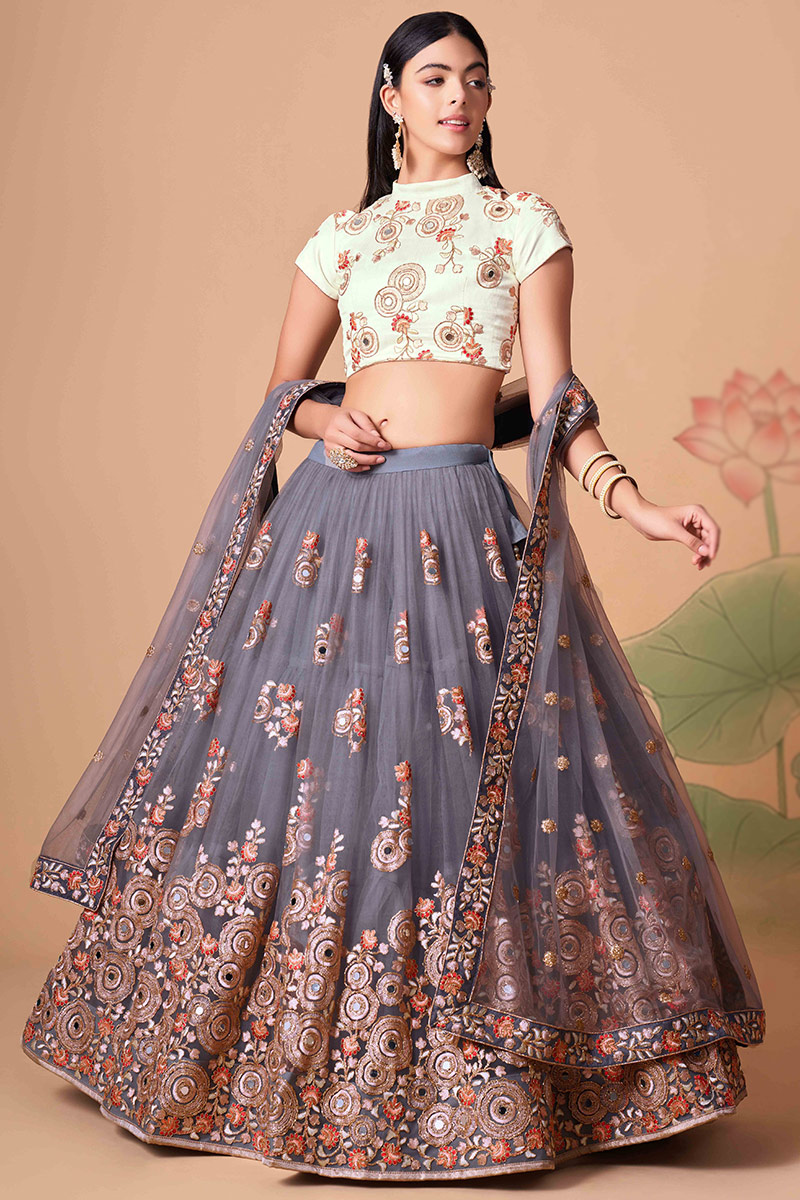 Steel Grey Resham Thread Embroidered Net A Line Lehenga