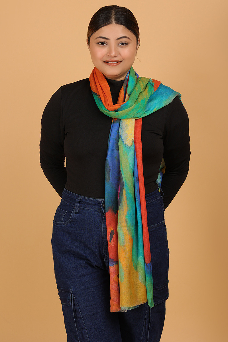 Bright Multi color Cotton and Linen Printed Stole