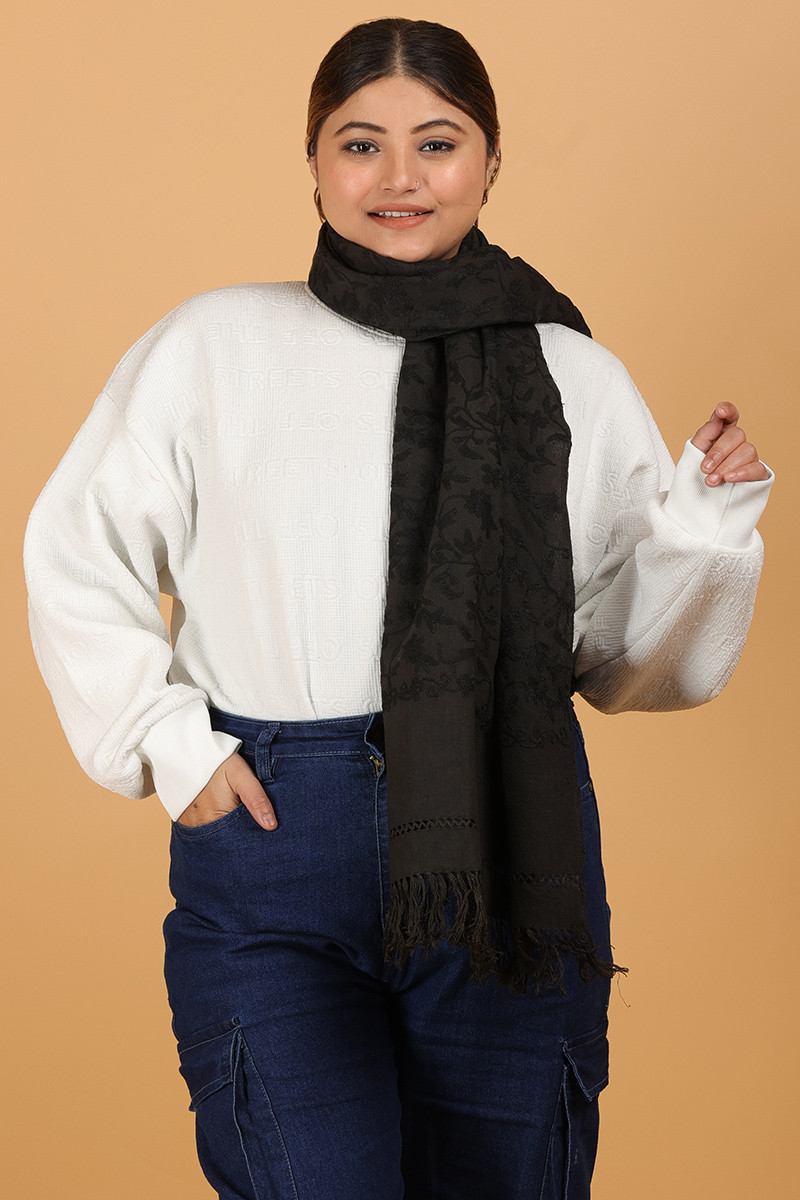Navy Blue Linen Embroidered Stole