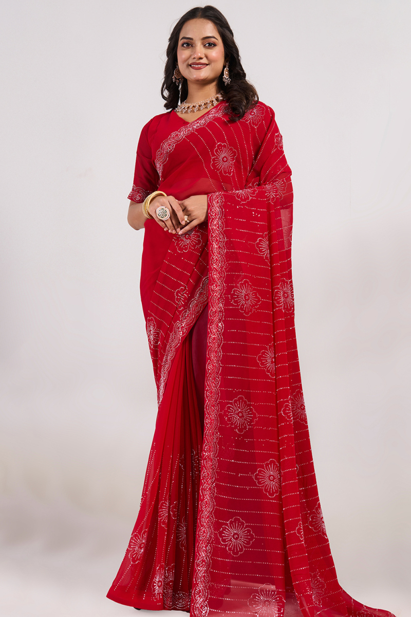 Stone Embellished Georgette Ruby Red Light Weight Saree 