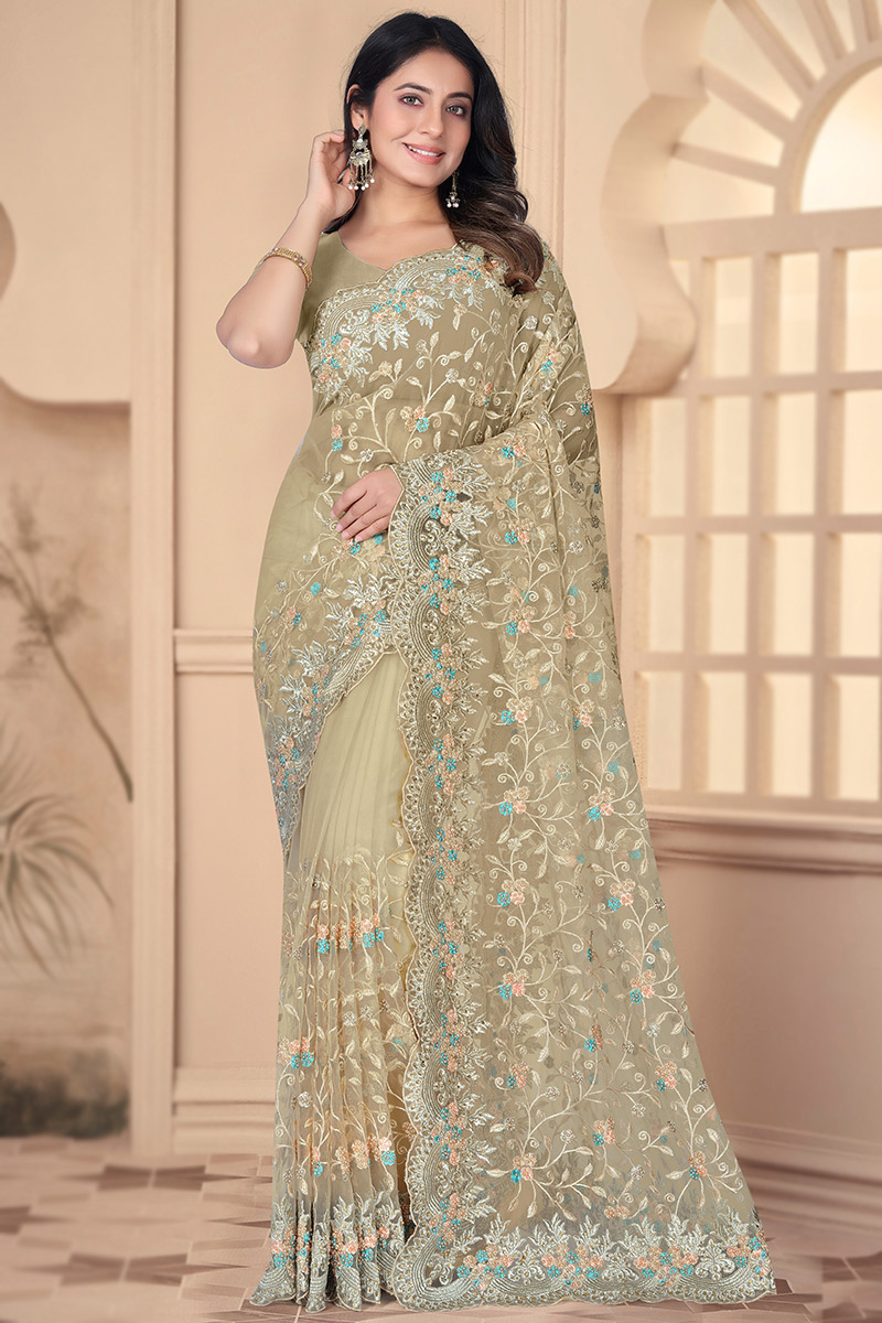 Stone Embellished Grey Beige Net Light Weight Saree