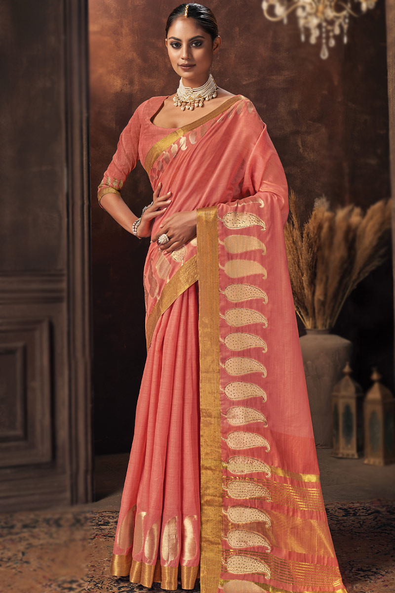 Stone Embroidered Cotton Coral Pink Saree SARV131239