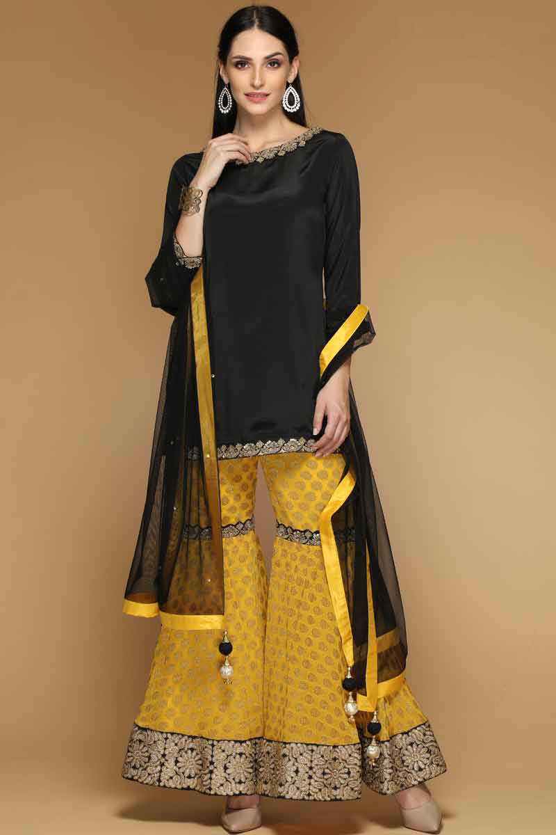 Buy Black Hand Block Printed Cotton Sharara Suit with Maroon Dupatta- Set  of 3 | DJ382/SHMO5 | The loom