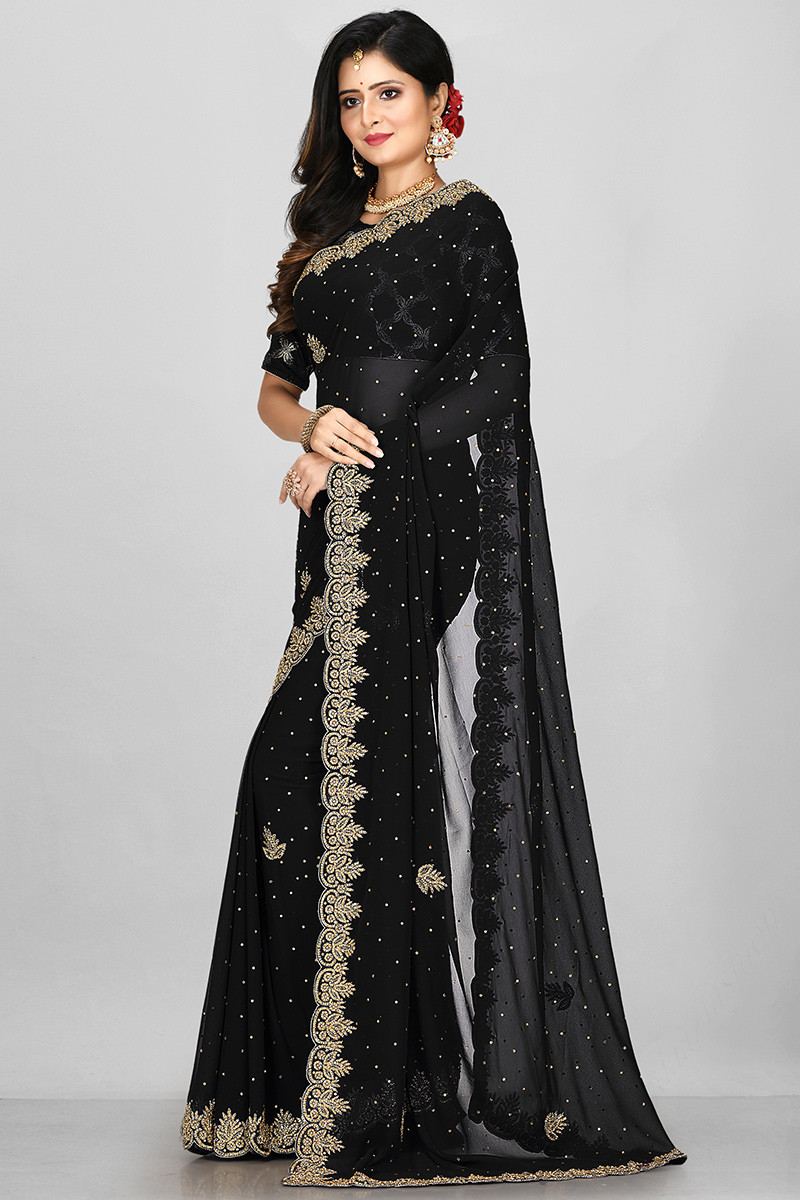 Hand Embroidered Georgette Saree in Black : SAR879