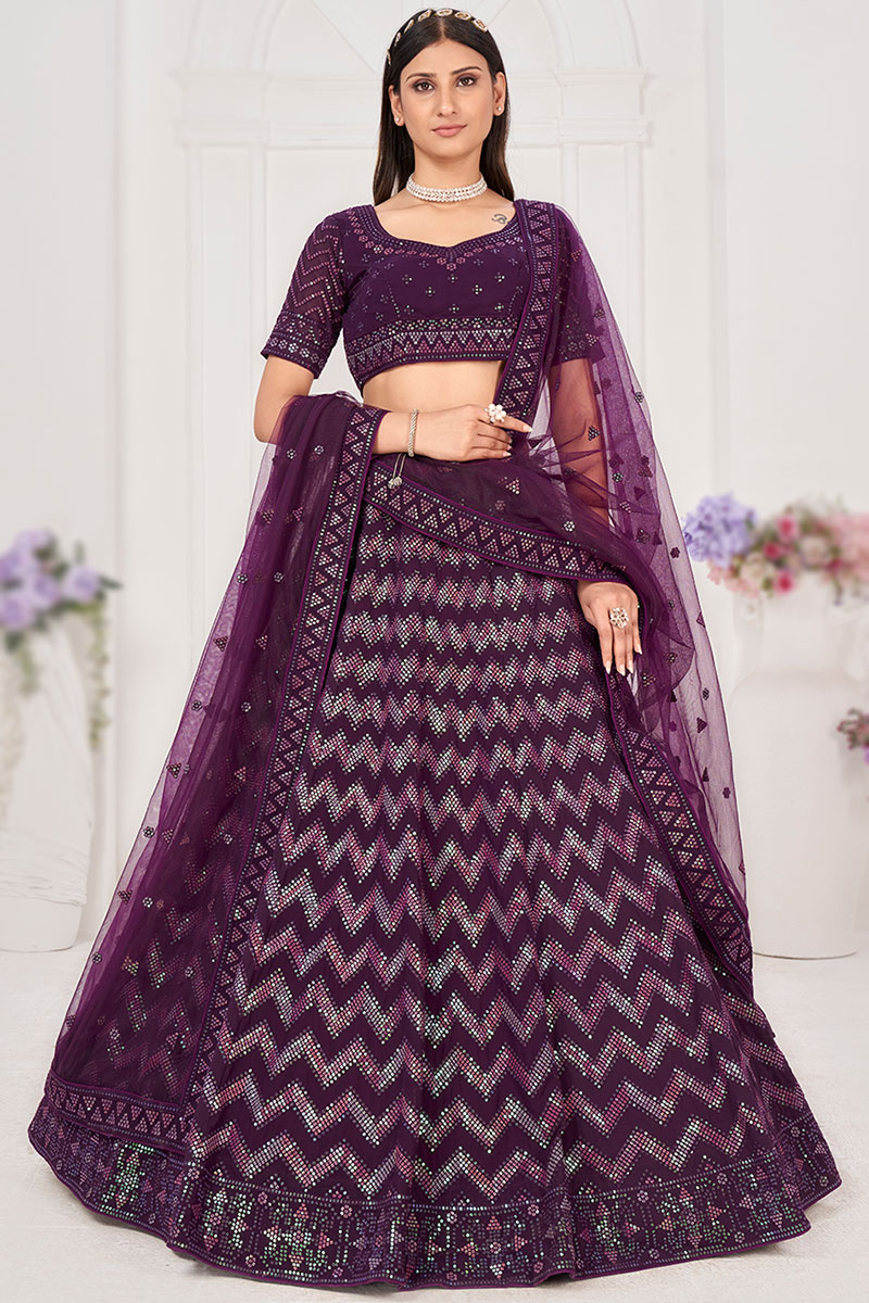 Sequins Work Dark Purple Lehenga in Georgette for Party 