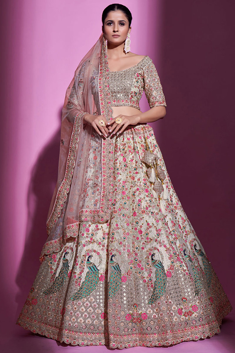 Stone Embroidered Net Cream Beige Lehenga