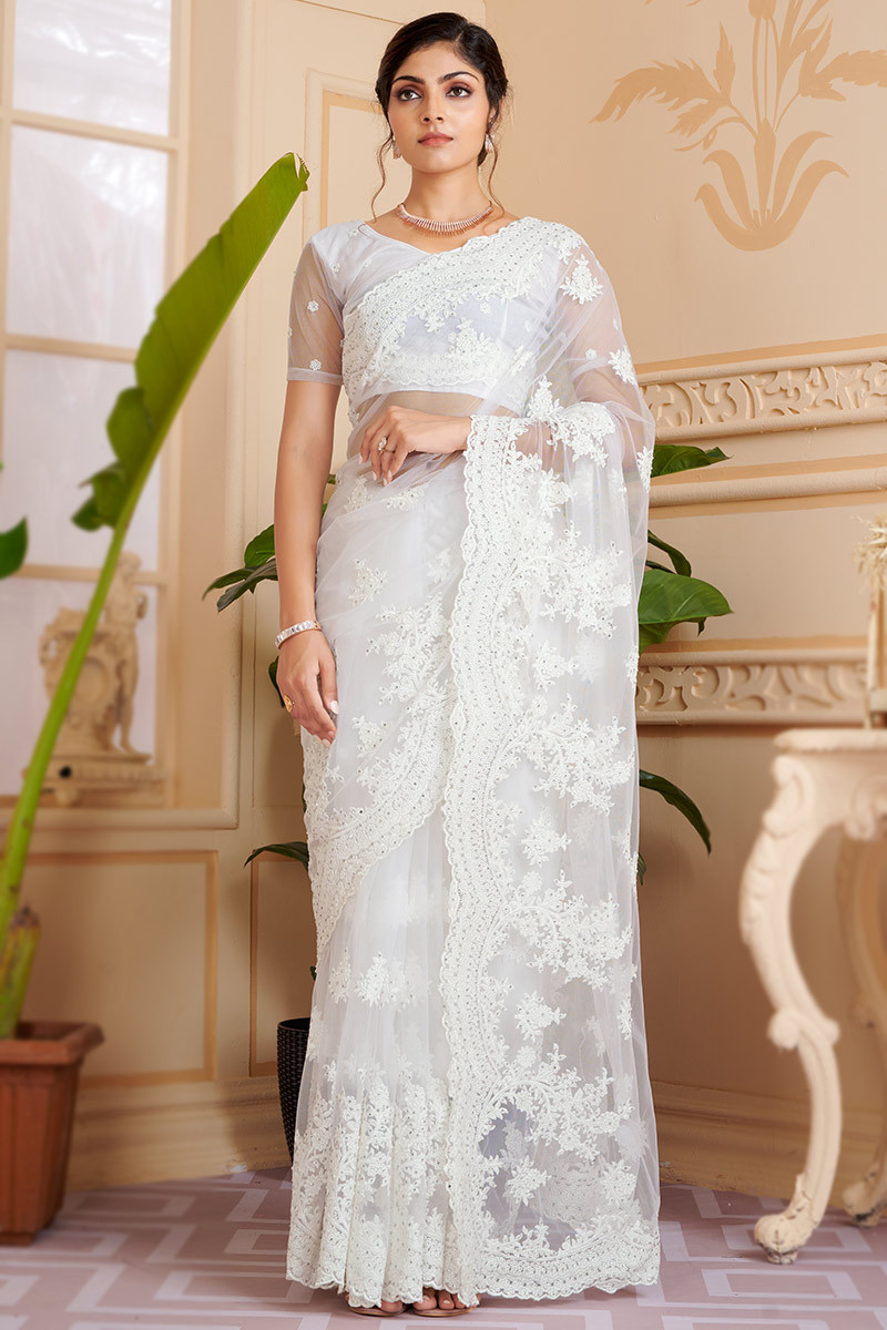 White Indian Bollywood Resham Zari Stone Embroidered Georgette Party Wear  Saree | eBay