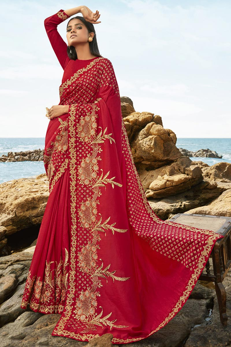 VF - Elegant Red Faux georette heavy embroidered,stone work saree -  Featured Product