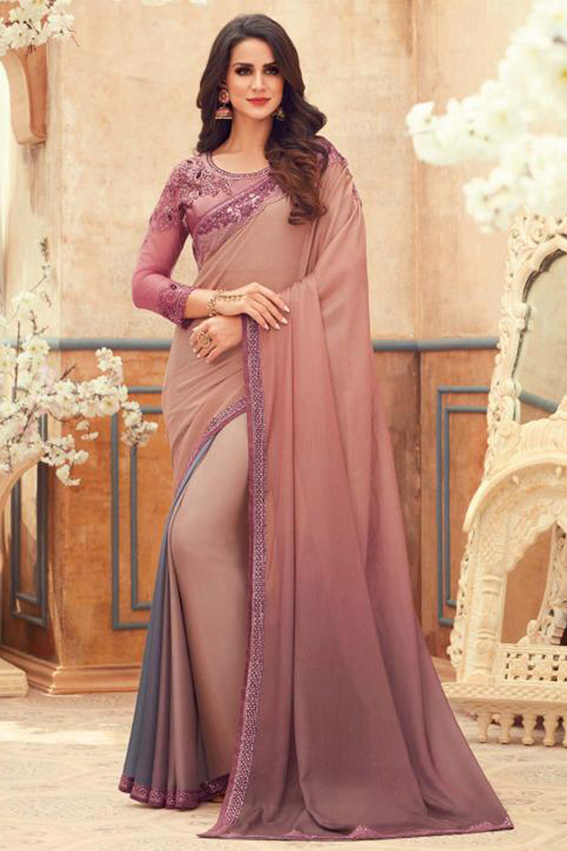 Stone Work Embroidered Chiffon Dusty Pink Saree