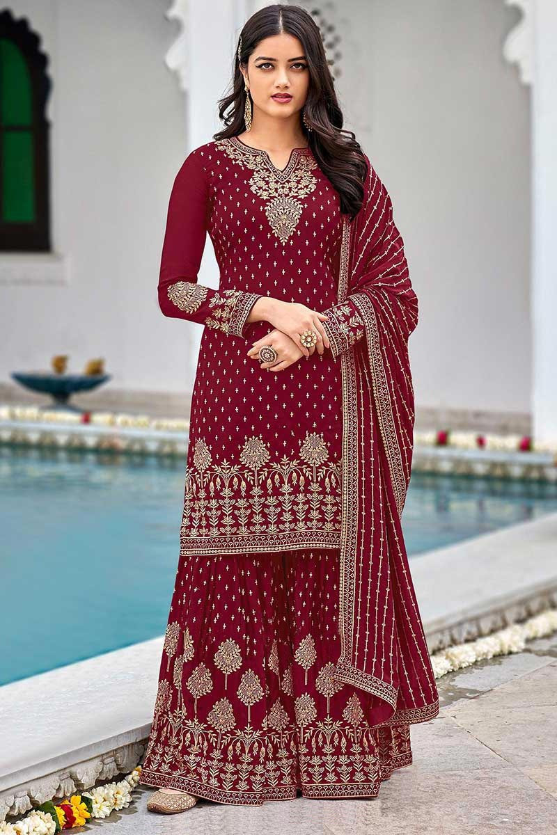 Unique Fashion Burgundy Maroon Sharara Suit with Zari LSTV113019