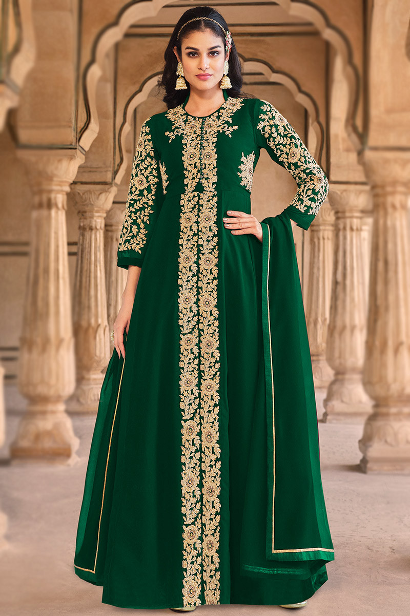 Stone Work Embroidered Georgette Dark Green Anarkali Suit