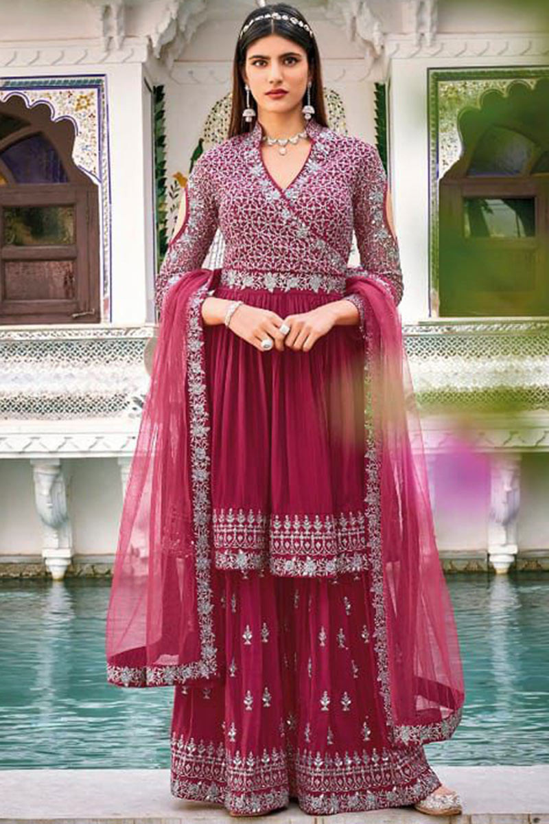 Lowest Price Dark Pink Sharara Suit with Dabka And Stone Work