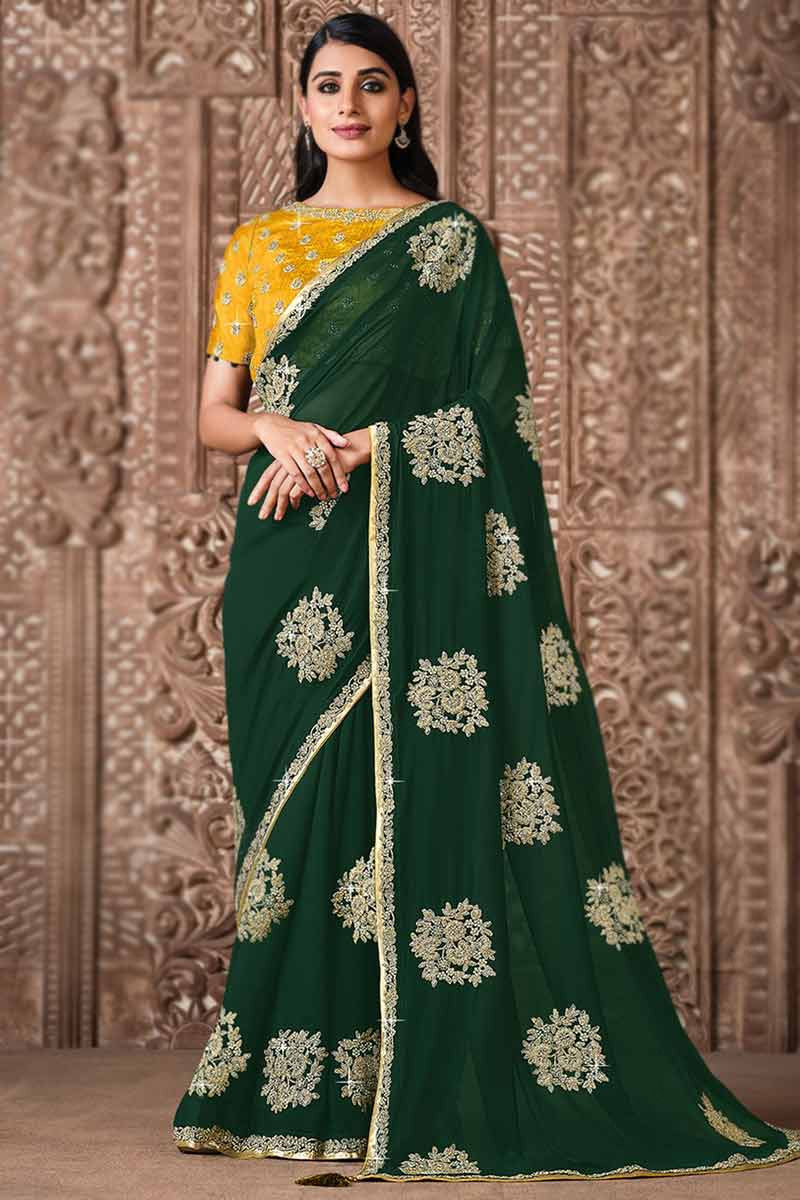 Dark Green Organza Embroidered Saree With Unstitched Blouse