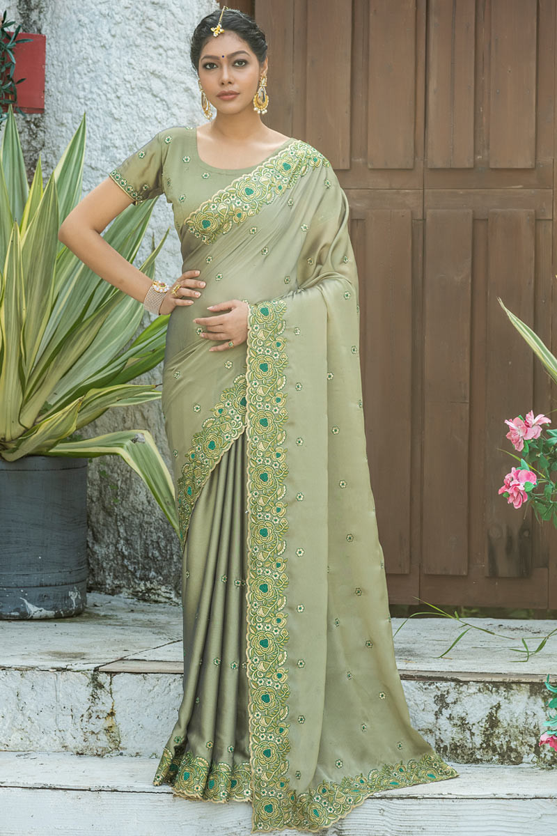 Buy Sage Green Saree In Chiffon Embellished With Scattered Badla Work  Online - Kalki Fashion