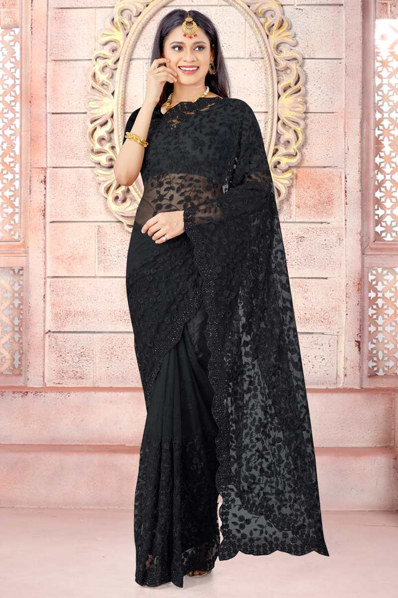 Black Saree | Lace saree, Desi fashion, Black saree