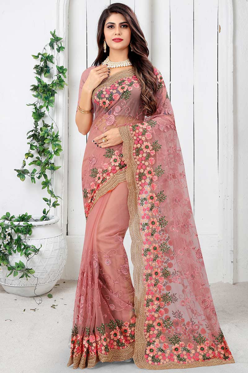 Buy Pink Stonework Net Saree - Koskii