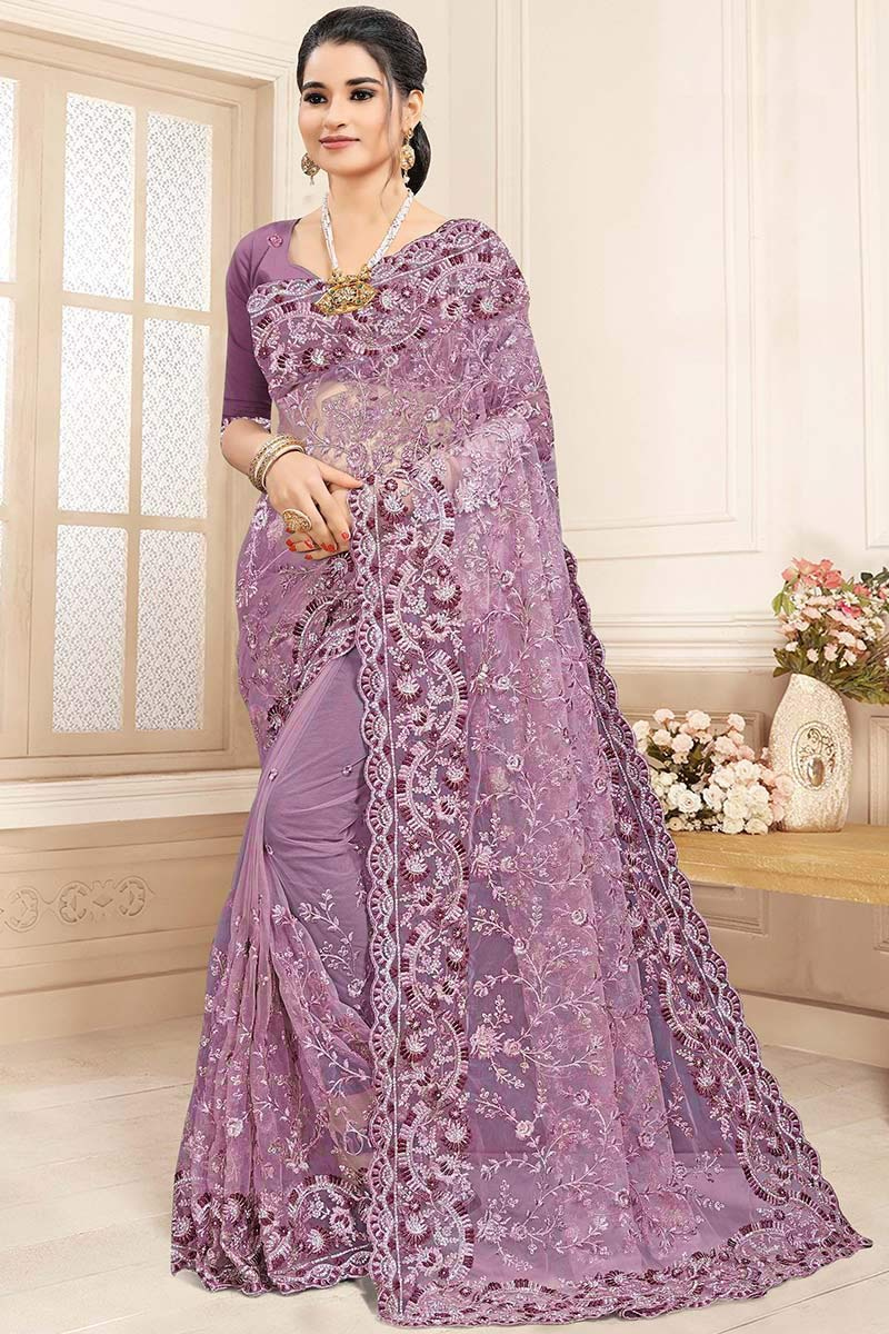 Stone Embroidered Net Mauve Saree