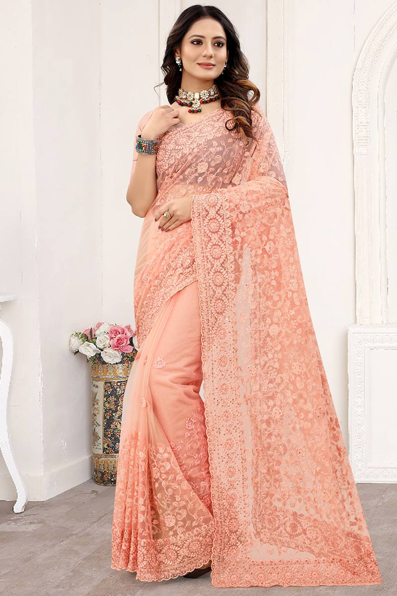 Stone Work Embroidered Net Peach Saree