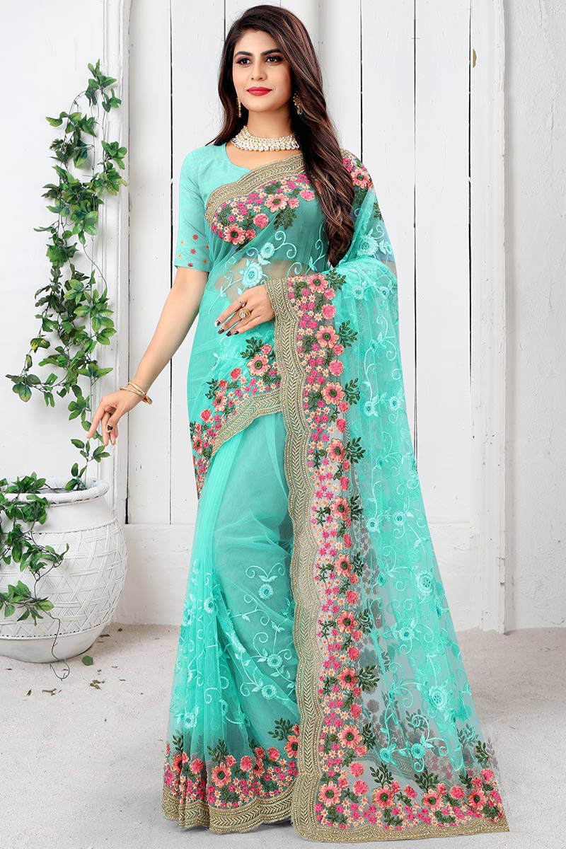 Stone Work Embroidered Net Turquoise Blue Saree