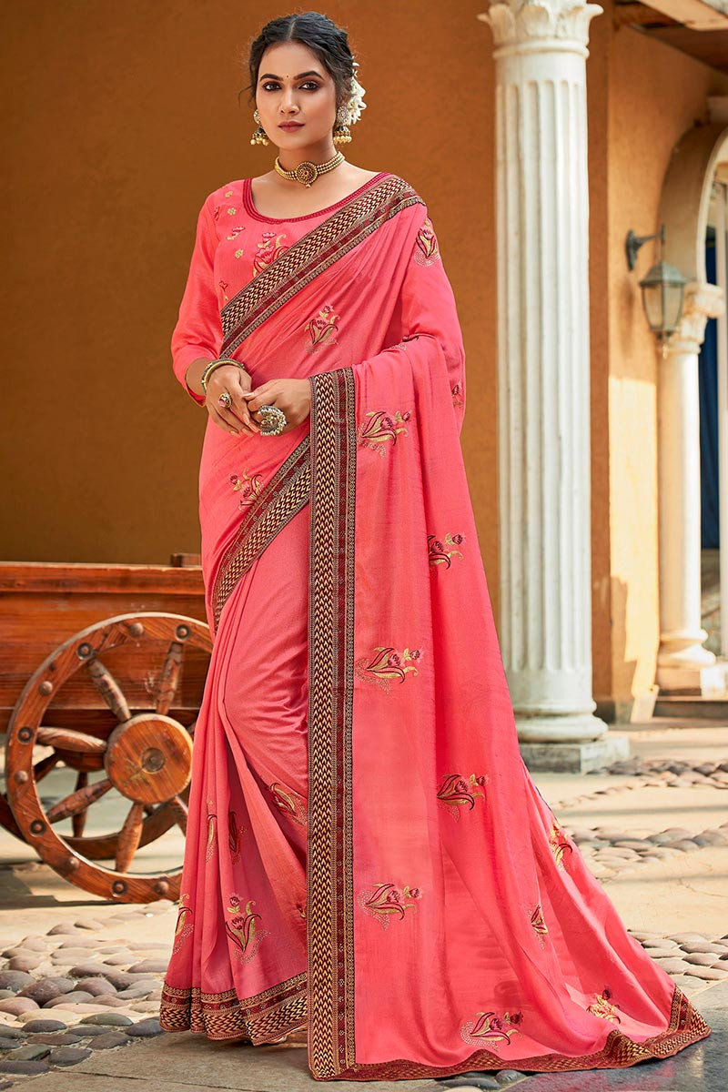 Coral Pink Organza Saree with Hand Block Printed Border and Palla – LOTUS  BLOOM OFFICIAL