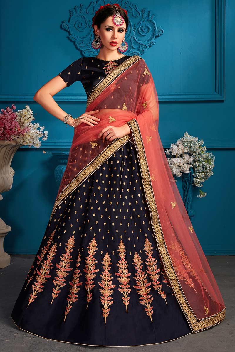 Stone Work Embroidered Satin Navy Blue Lehenga