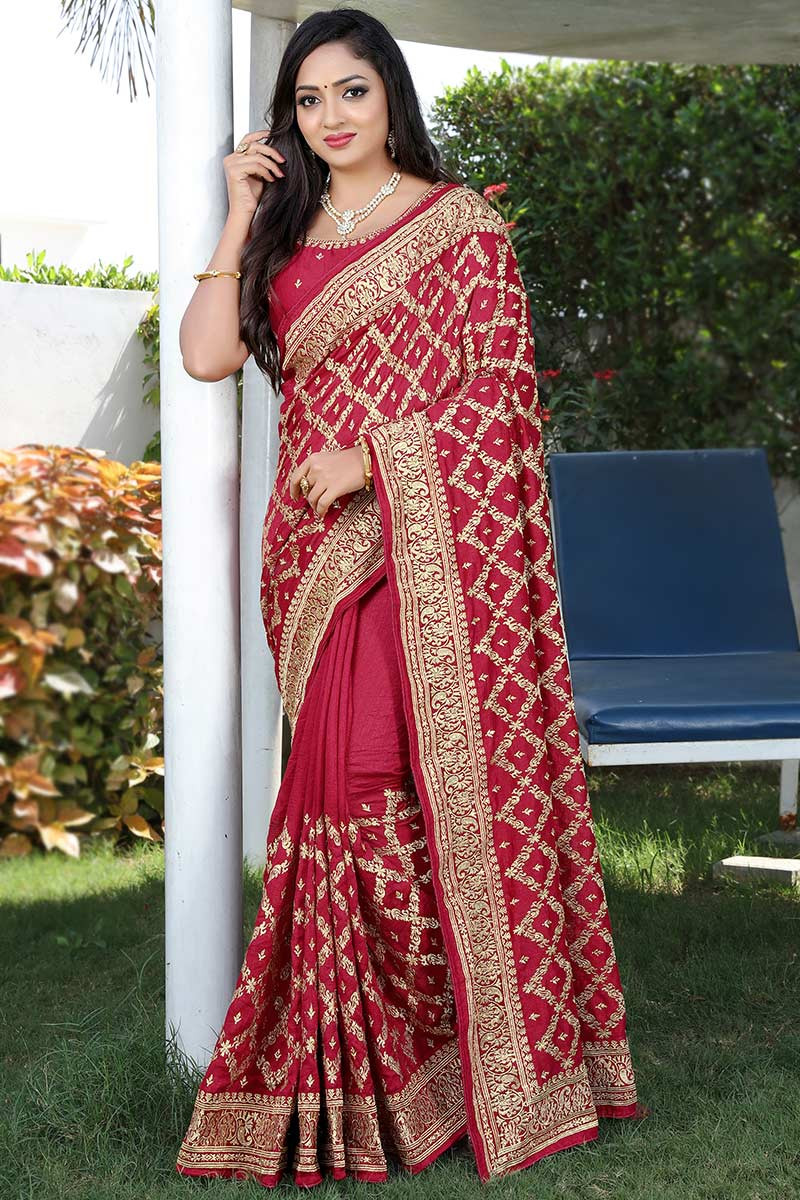 Bold Cherry Red Pure Georgette Saree with all over delicate hand embroidery  done with same tone thread makes it very … | Elegant saree, Fancy sarees,  Stylish sarees