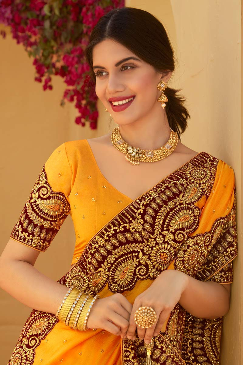 Embroidered Silk Mustard Yellow Saree