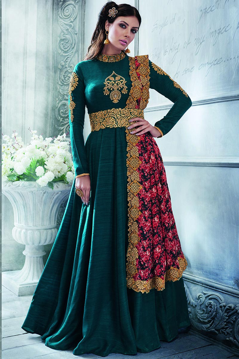 Zari Embroidered Teal Green Anarkali Suit LSTV110319
