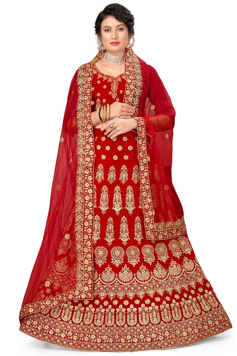 Stone Work Embroidered Velvet chilly Red Bridal Lehenga
