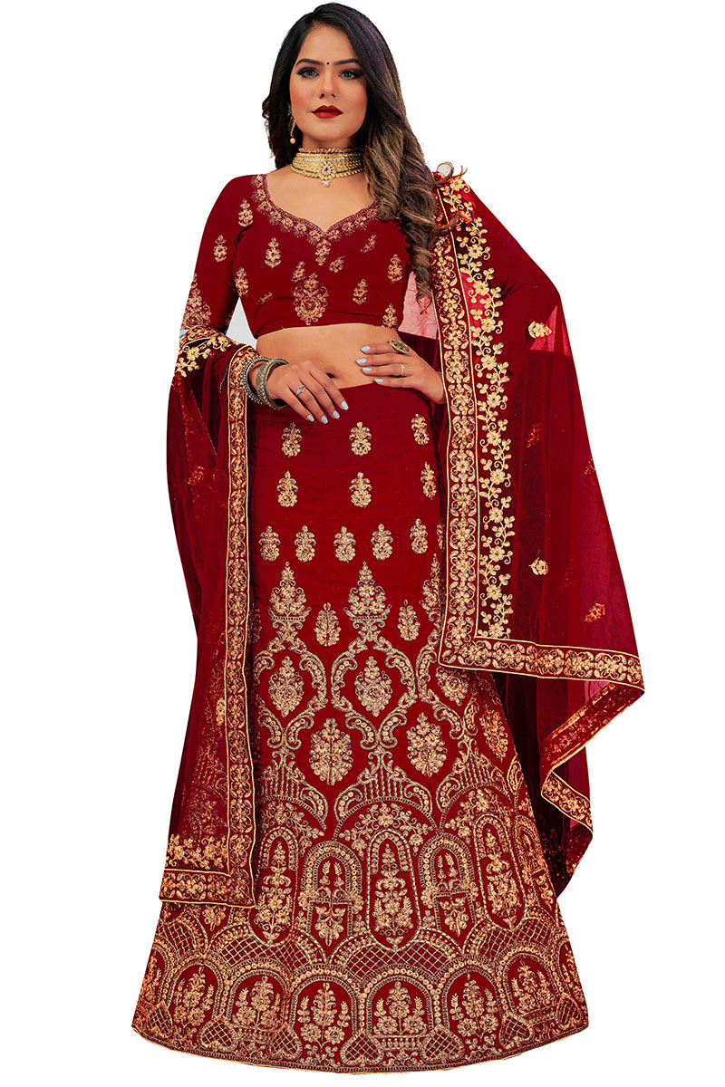 Stone Work Embroidered Velvet Deep Red Lehenga