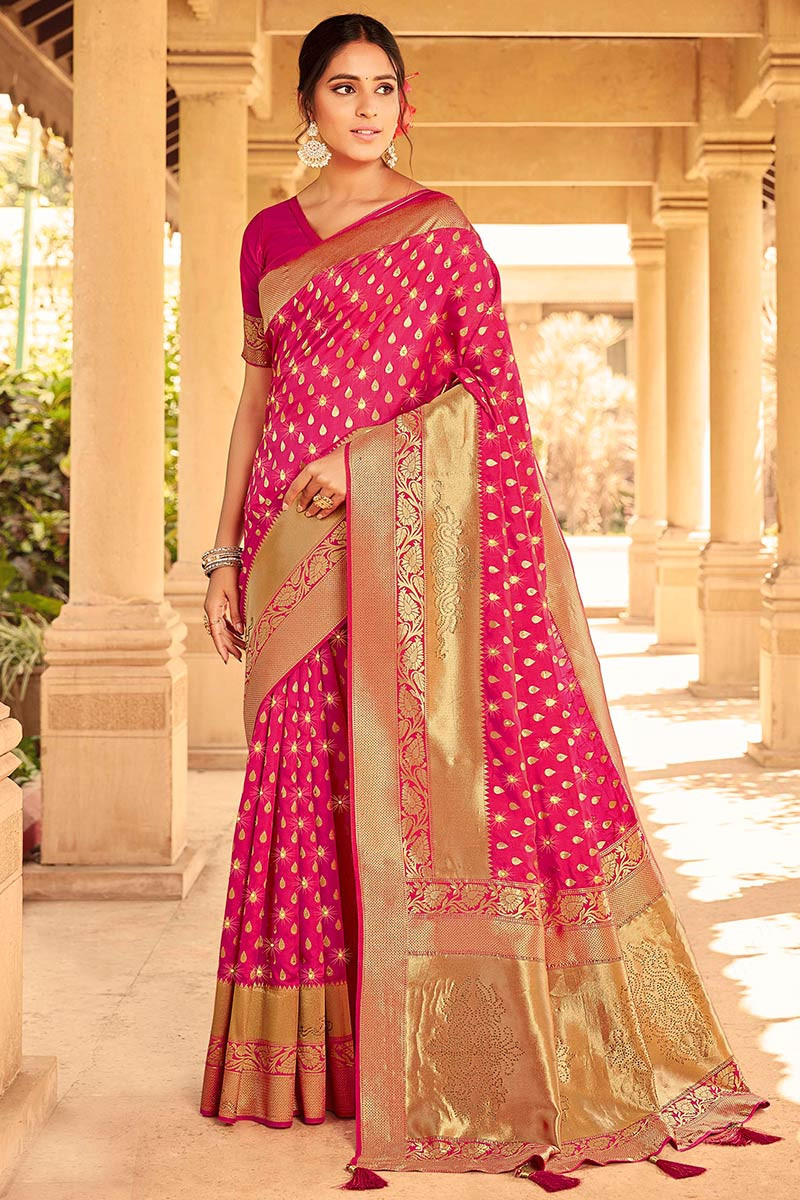 Buy Designer Sarees, Salwar Kameez, Kurtis & Tunic and Lehenga  Choli.Appealing Satin Hot Pink Saree