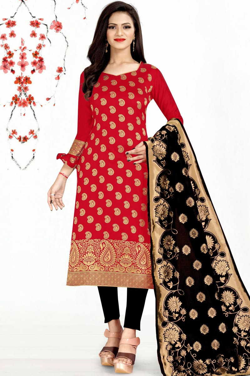 Churidar Suit In Red Brocade LSTV08876